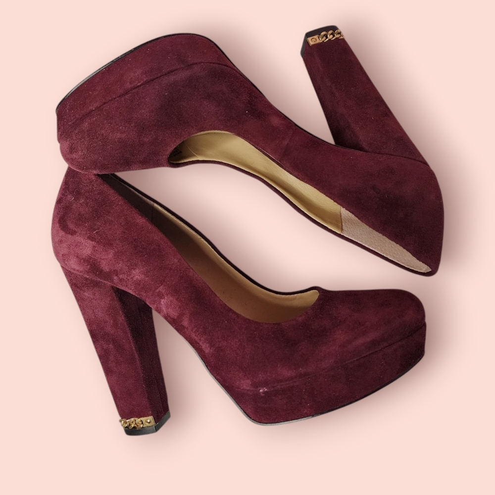 NWT Michael Kors Sabrina Plum Suede Platform High Heel Pumps |Chain Detail| Sz 5